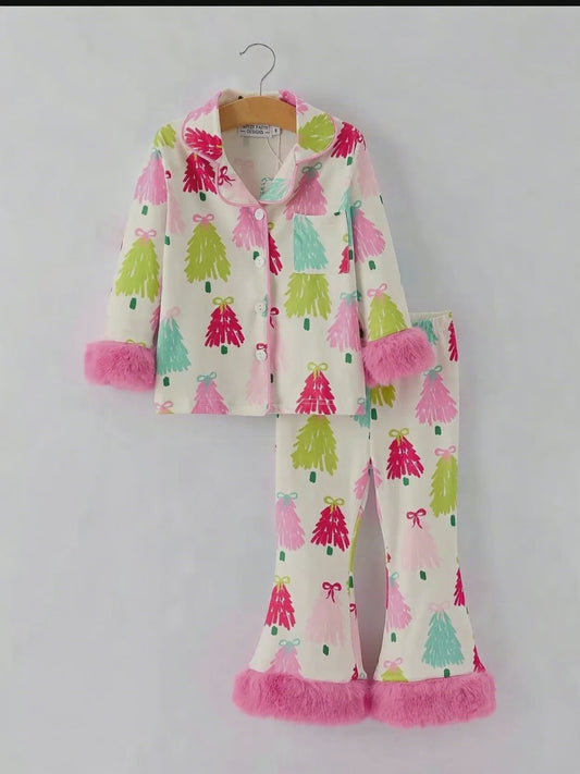 Christmas Tree Girls Pajama Set with Furry Trim: Perfect for Winter Nights