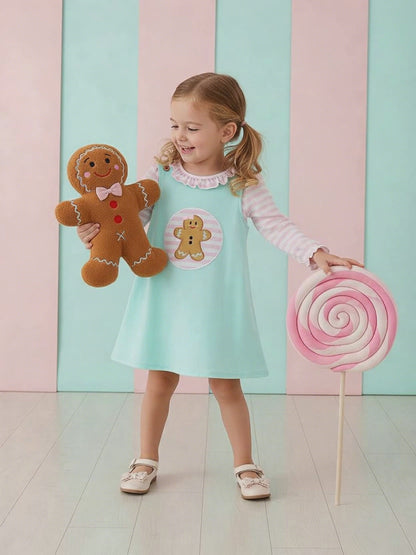 Blue Gingerbread Applique Ruffle Dress