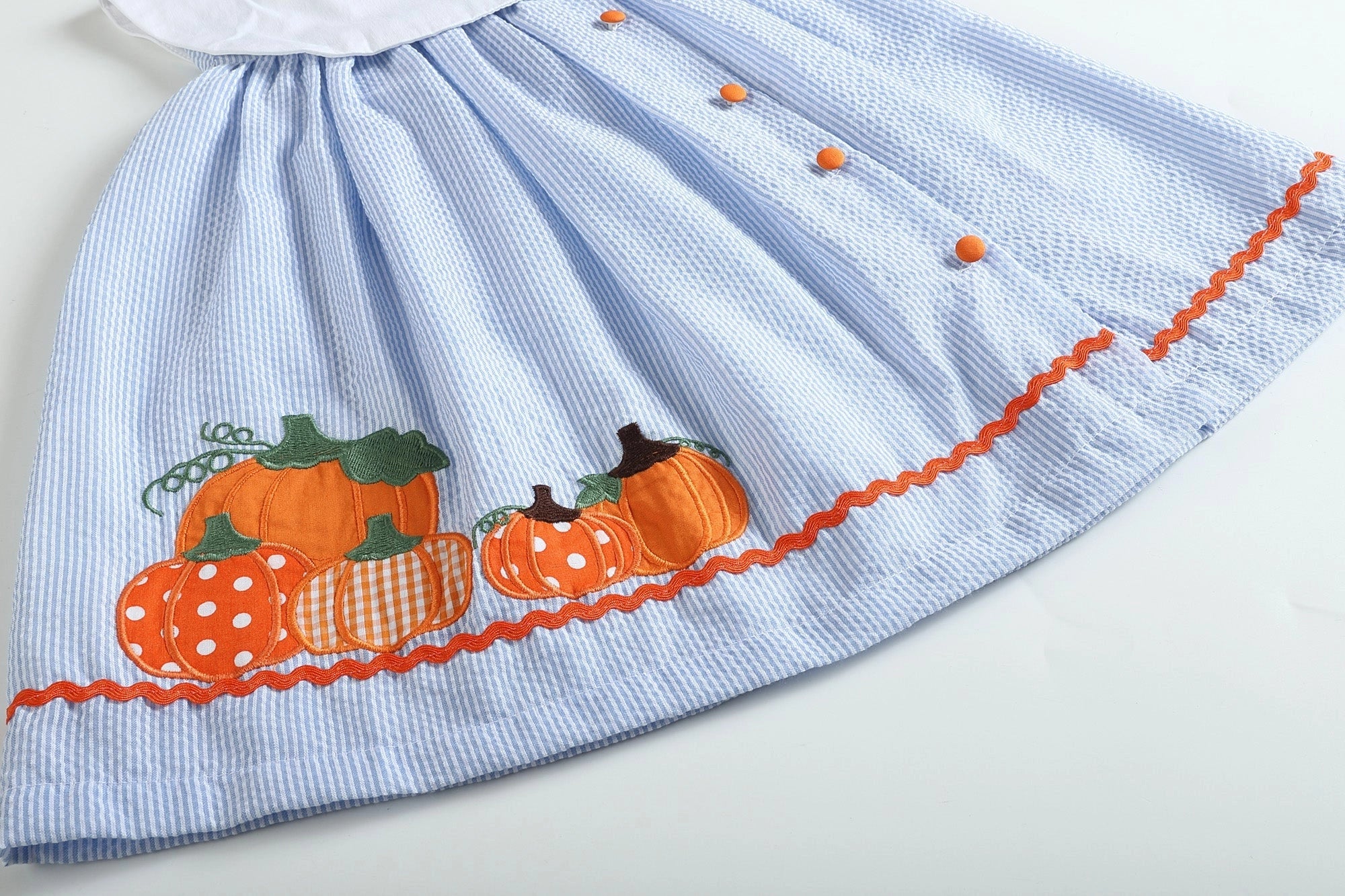 Light Blue Seersucker Pumpkin Baby Yoke Dress