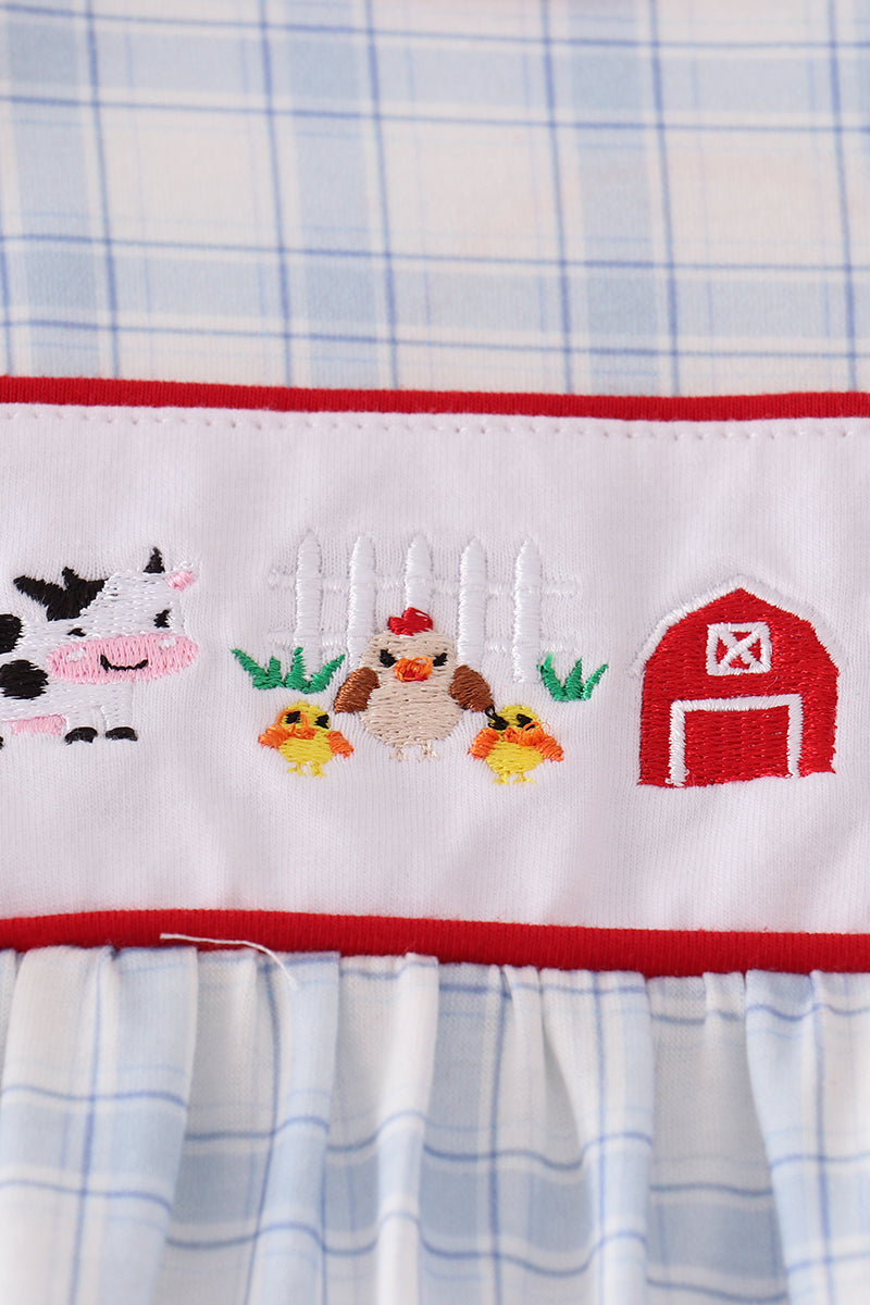 Blue Farm Embroidery Plaid Bubble Romper